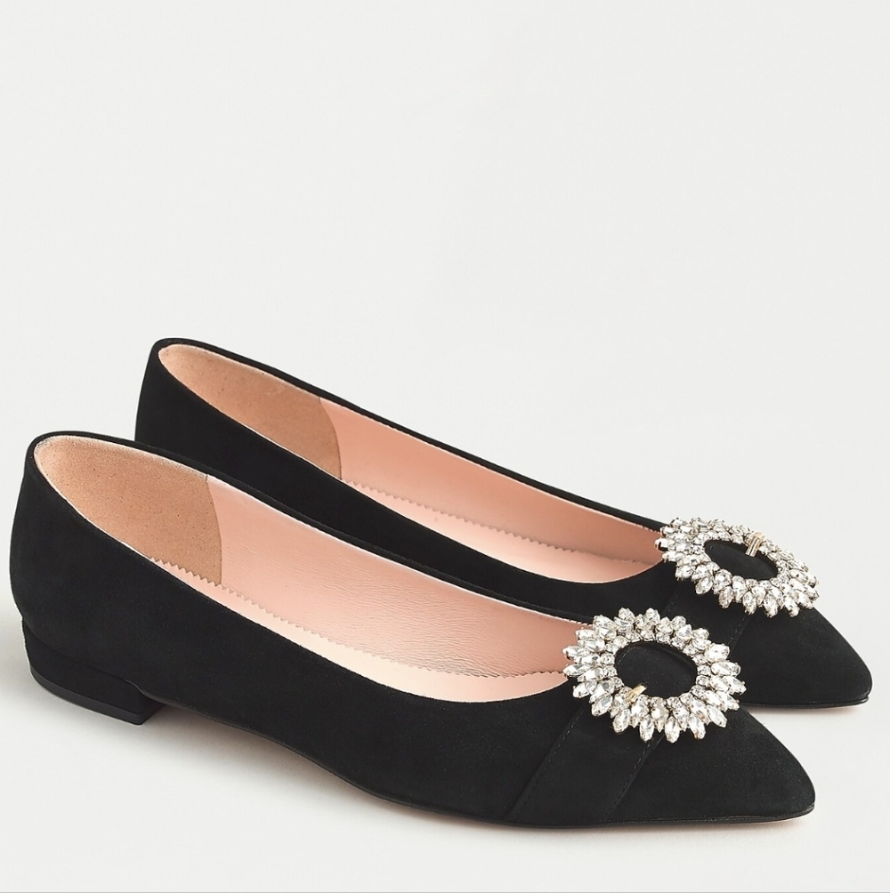 J. Crew Black Suede Flats with Diamond Jeweled Embellishment